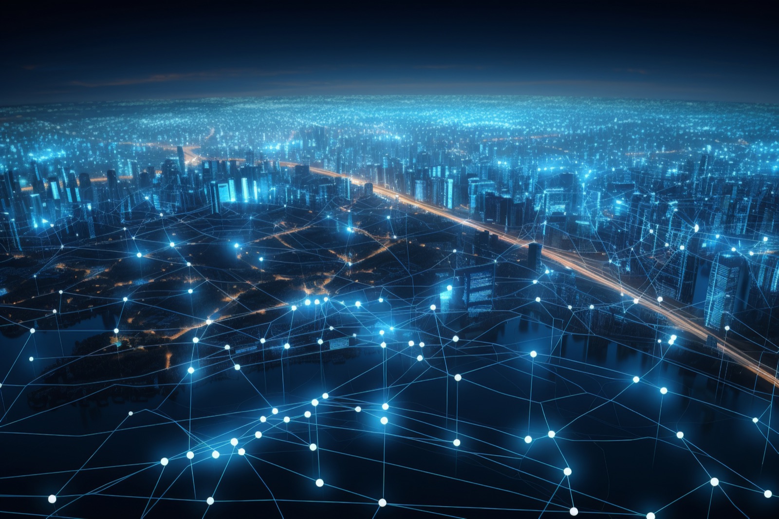 Connected network of glowing data points over a city at night